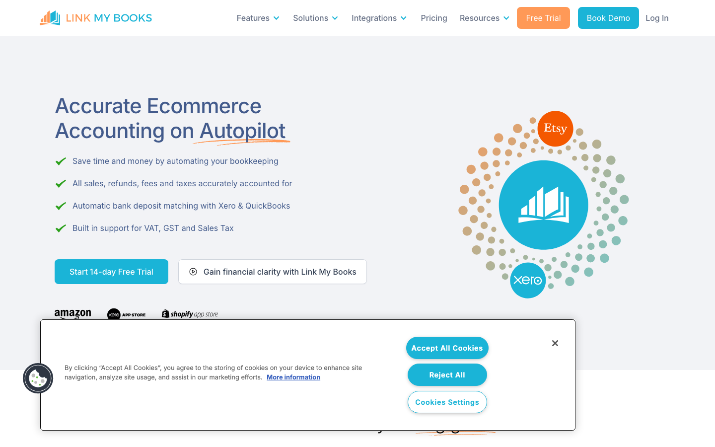 Link My Books homepage showing automated Amazon and Shopify bookkeeping sync into Xero and QuickBooks