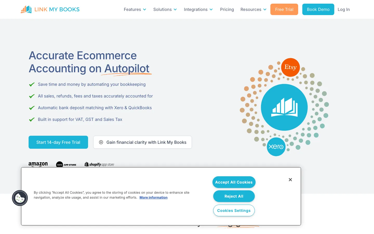 Link My Books homepage showing automated Amazon and Shopify bookkeeping sync into Xero and QuickBooks