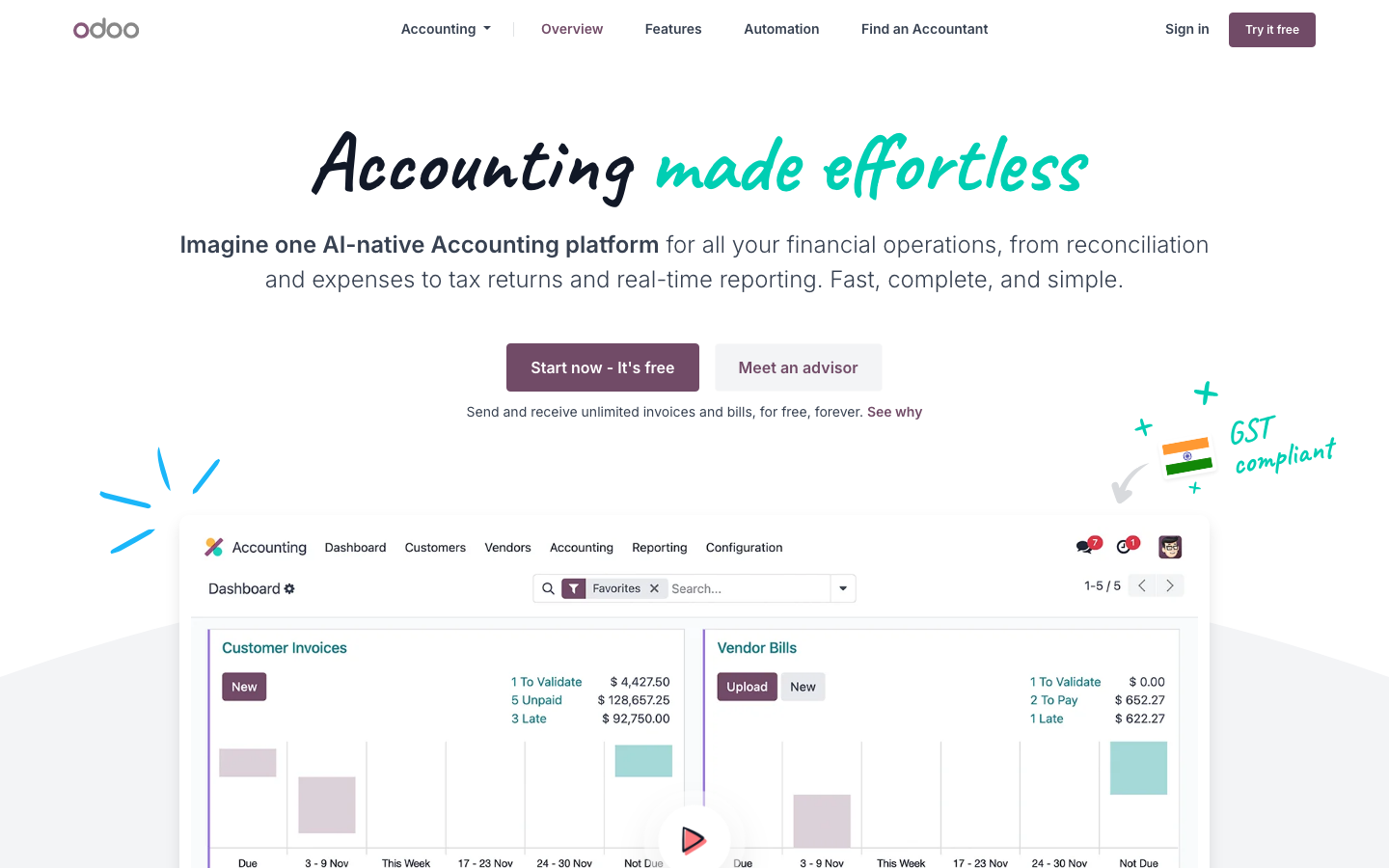 Odoo accounting and ERP homepage showing app modules and business management suite