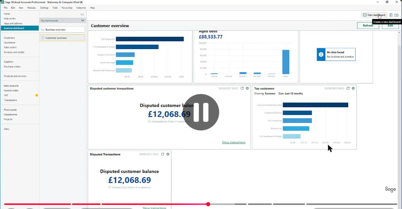 Sage 50cloud Accounts customer overview dashboard showing aged debt, disputed transactions and top customers widgets
