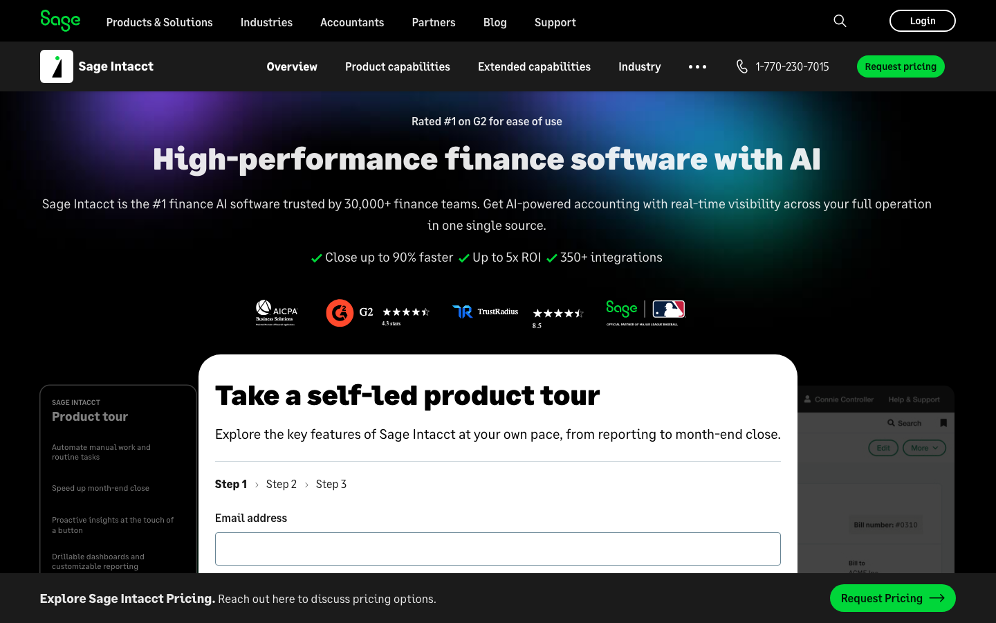 Sage Intacct homepage showing high-performance accounting software headline and product navigation
