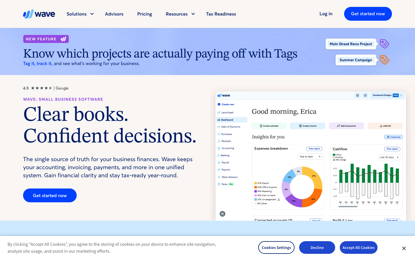 Wave accounting homepage showing clear books confident decisions headline with dashboard UI