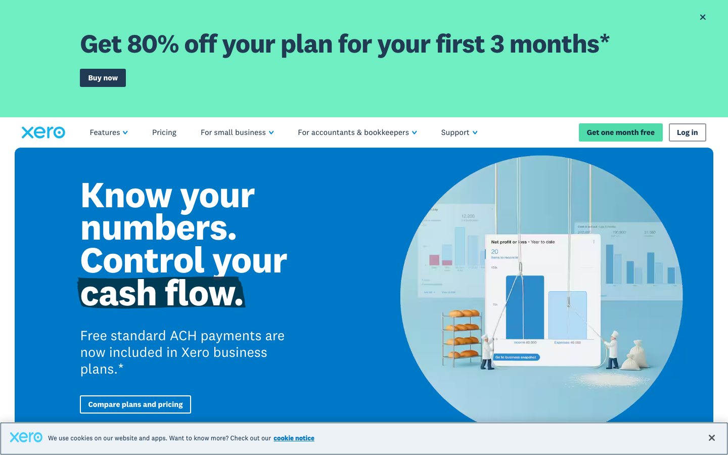 Xero accounting homepage showing know your numbers headline with cash flow charts