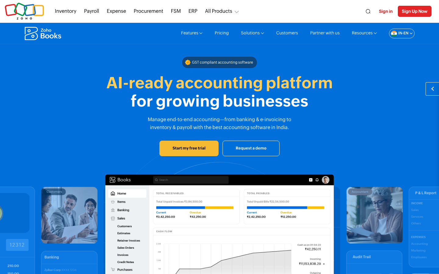 Zoho Books accounting software homepage showing product overview and pricing navigation