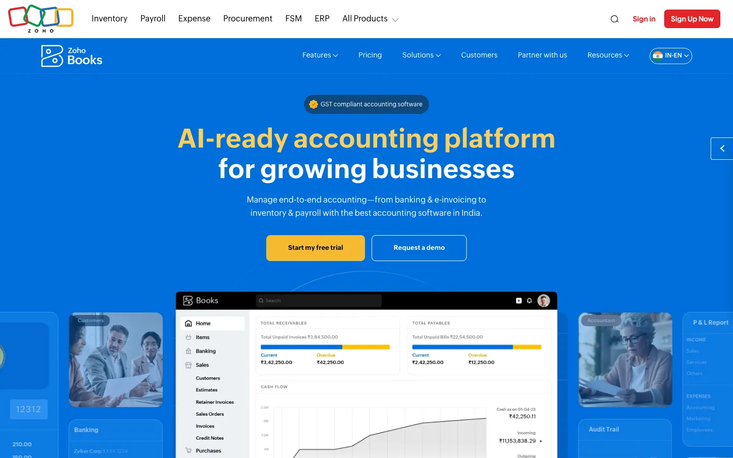 Zoho Books accounting software homepage showing product overview and pricing navigation