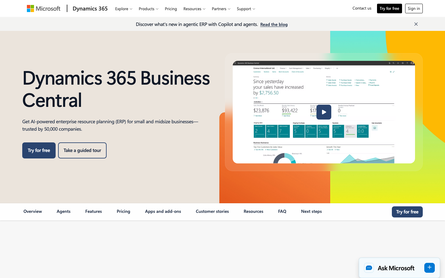 Microsoft Dynamics 365 Business Central product page showing ERP overview and navigation for finance and operations