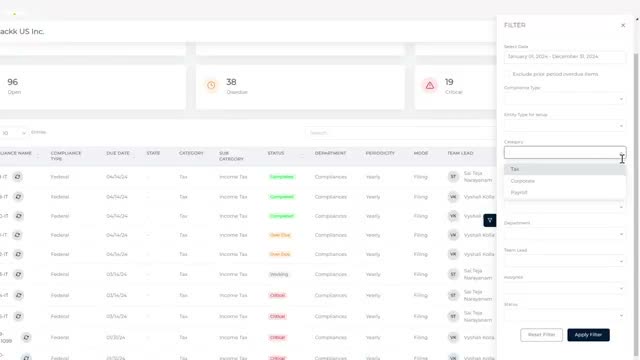 Finstackk compliance filter panel showing compliance type and category dropdown for tax, corporate and payroll items