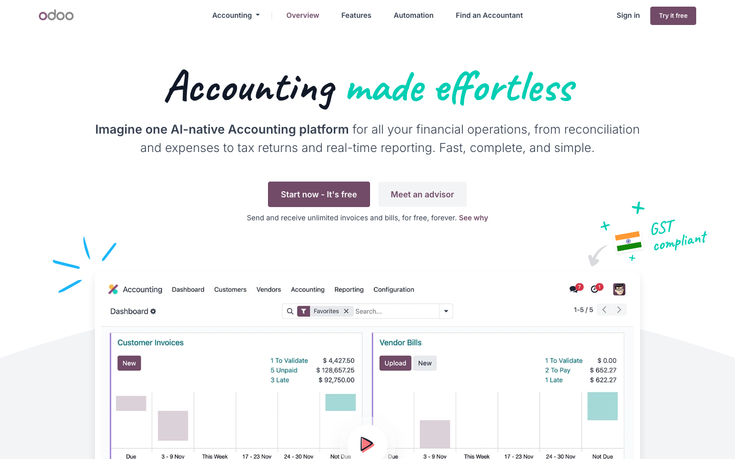 Odoo Accounting app page showing invoicing and financial management module screens and pricing navigation