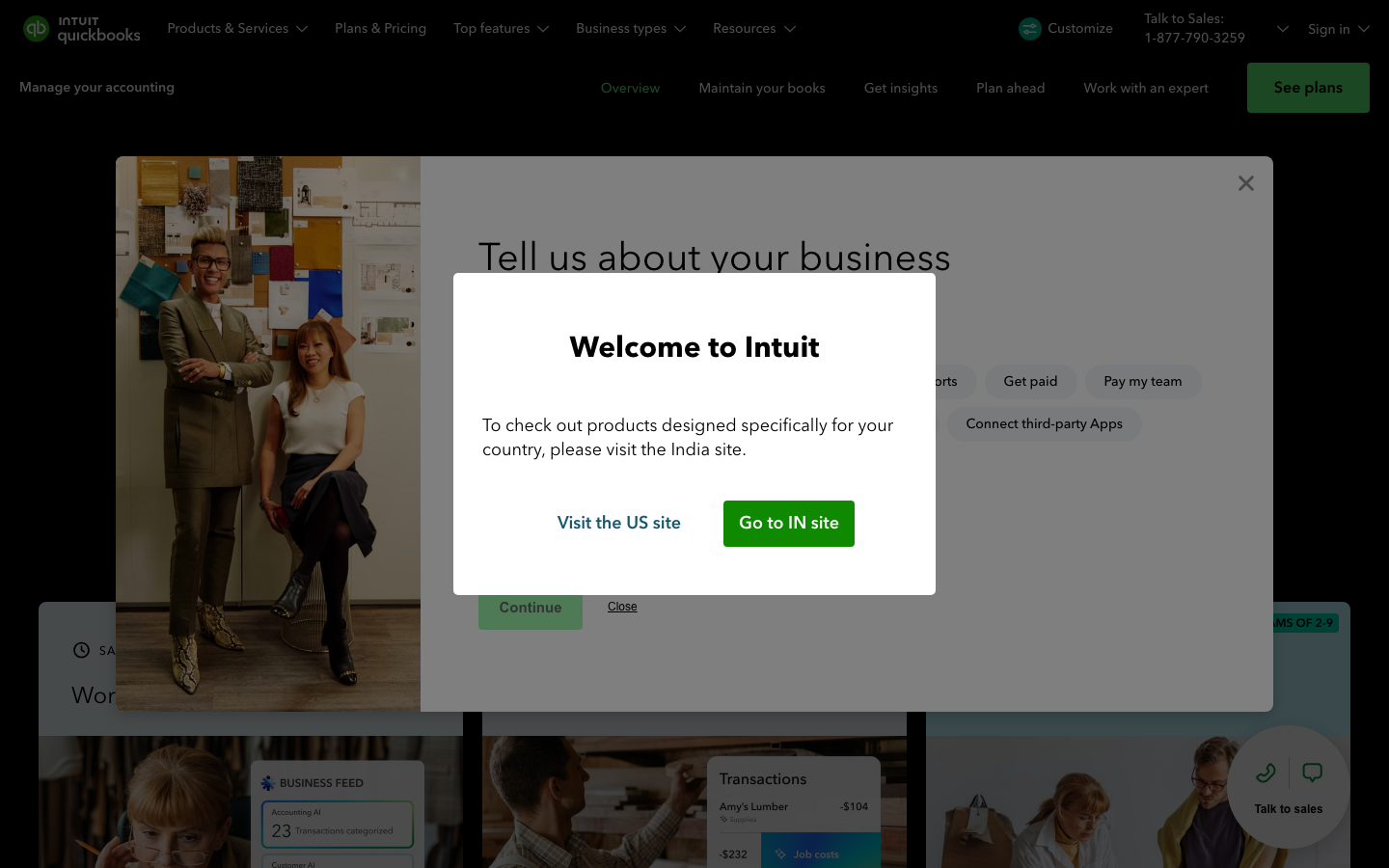 QuickBooks Online accounting dashboard showing manage accounting, financial overview, and business setup options