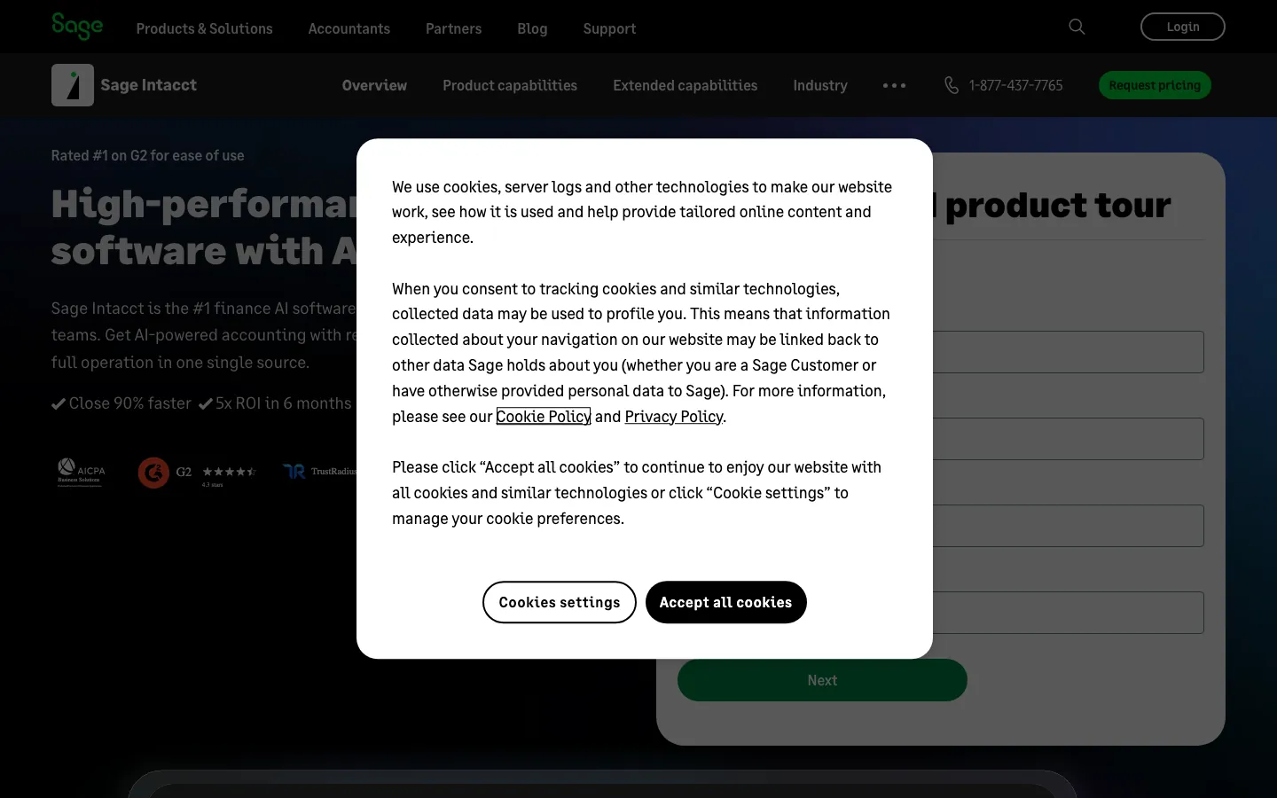 Sage Intacct homepage showing high-performance accounting software headline and product navigation