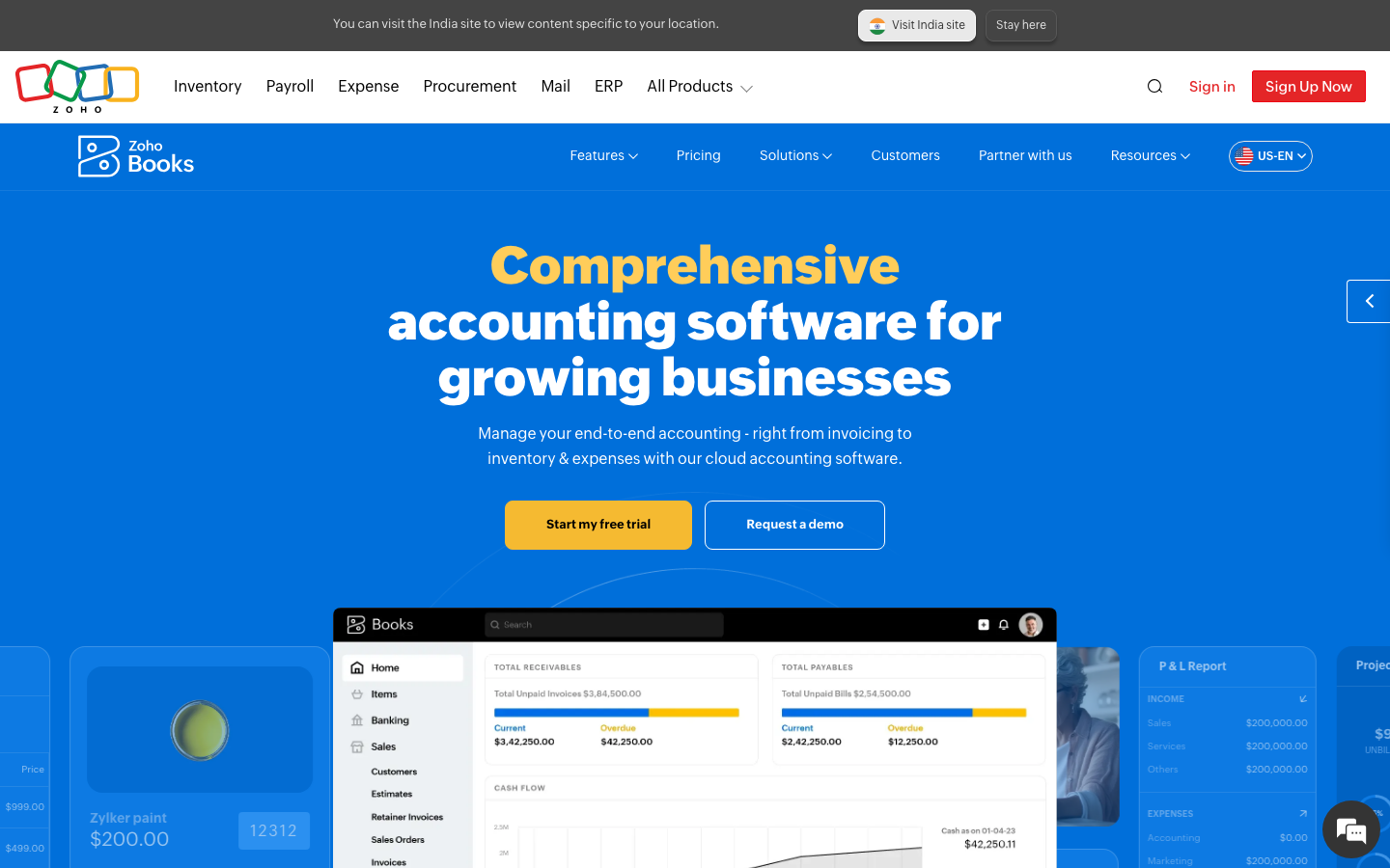 Zoho Books accounting software homepage showing product overview and pricing navigation