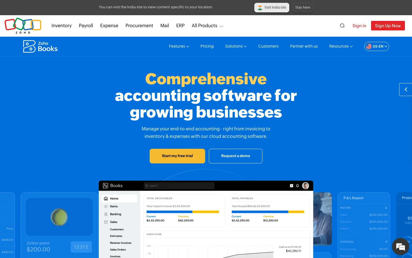 Zoho Books accounting software homepage showing product overview and pricing navigation