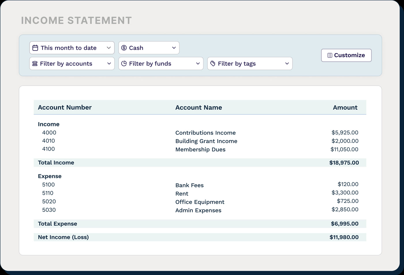 Aplos income statement showing income, expense, and net income filtered by fund