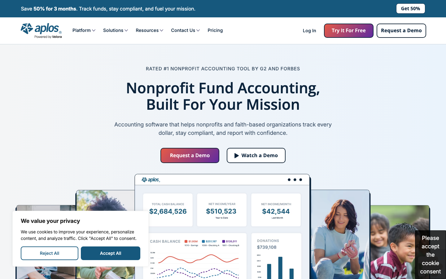 Aplos nonprofit accounting homepage showing fund accounting dashboard and donor management navigation