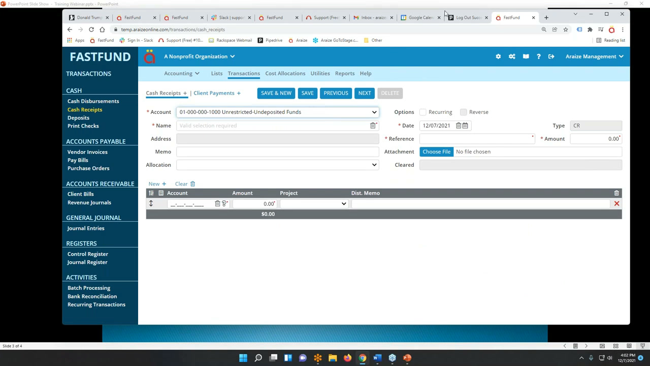 Araize FastFund cash receipts entry screen with account, client, and amount fields and a distribution grid