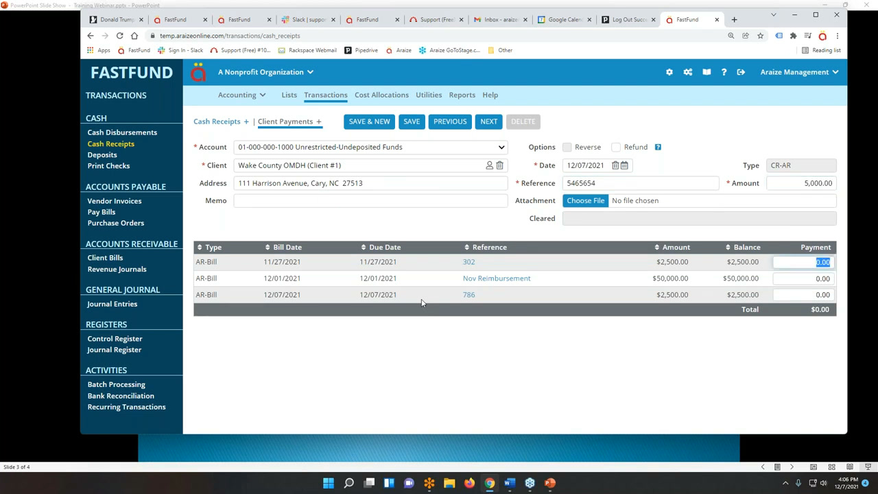 Araize FastFund client payments screen listing open receivable bills with due dates, amounts, and balances