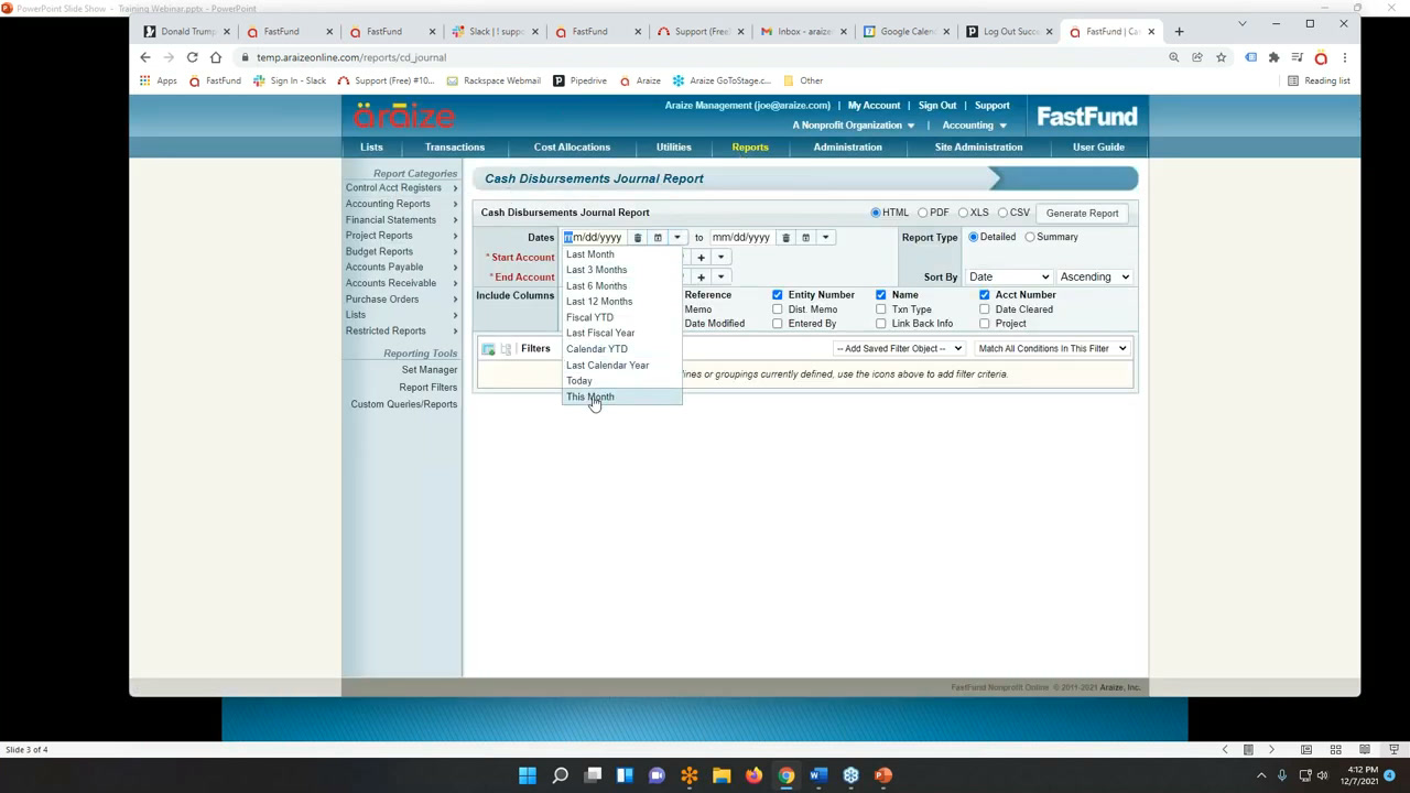 Araize FastFund cash disbursements journal report builder with date range and column options