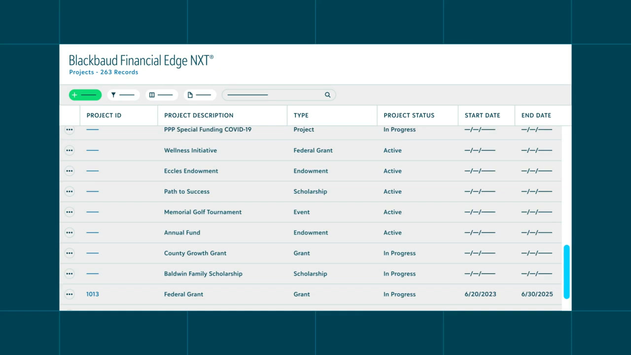 Blackbaud Financial Edge NXT projects list showing 245 records with project type, status, and start and end dates
