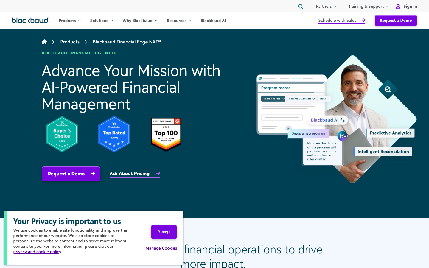 Blackbaud Financial Edge NXT product page showing nonprofit financial management software navigation