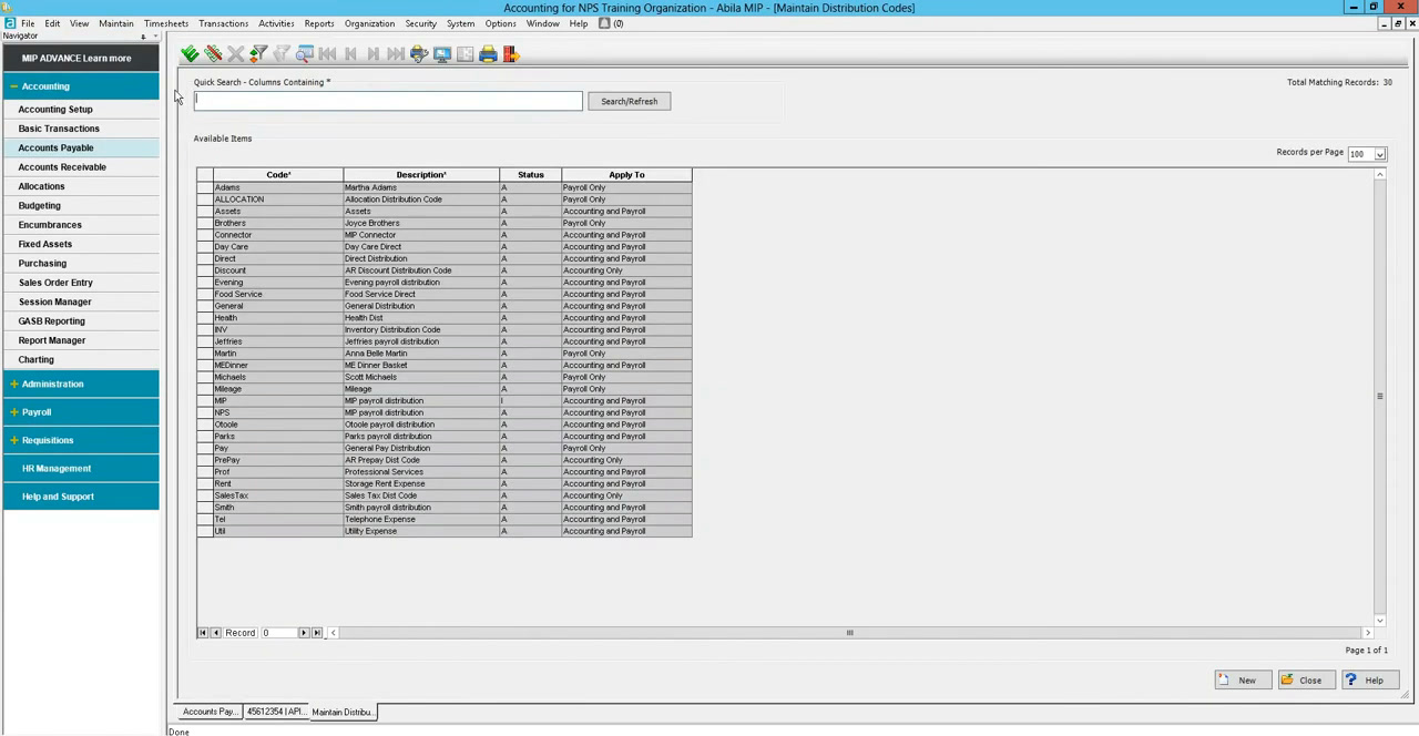 MIP Fund Accounting transaction entry screen with the available items list and a document entry grid