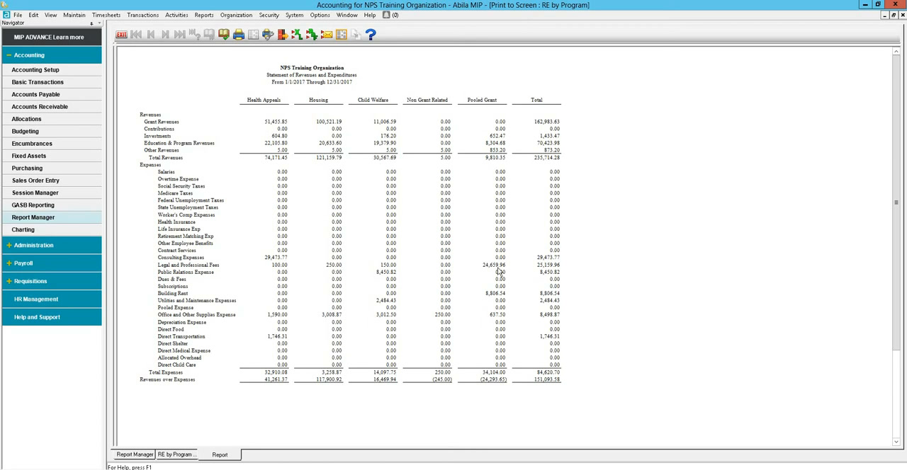 MIP Fund Accounting financial statement report showing account groups and period balances