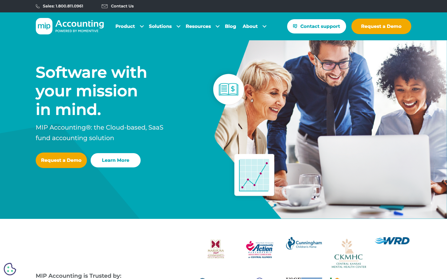 MIP Fund Accounting product page showing nonprofit and government fund accounting software navigation
