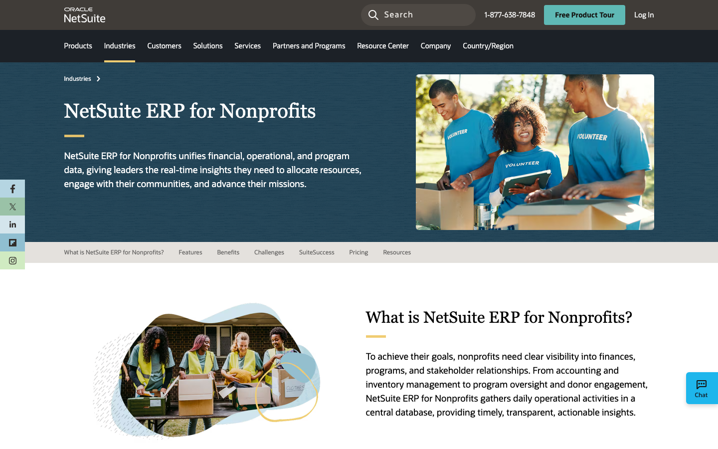 NetSuite for Nonprofits industry page showing ERP financial management capabilities for nonprofit organizations