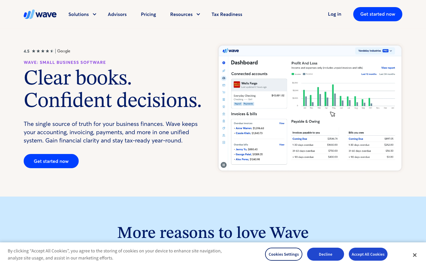 Wave accounting homepage showing clear books confident decisions headline with dashboard UI and invoicing preview