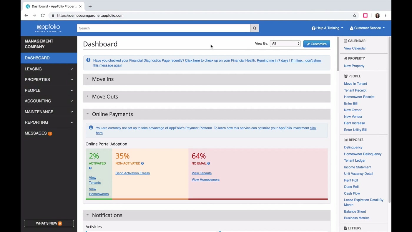 AppFolio dashboard showing online payments, portal adoption, and notifications for a management company