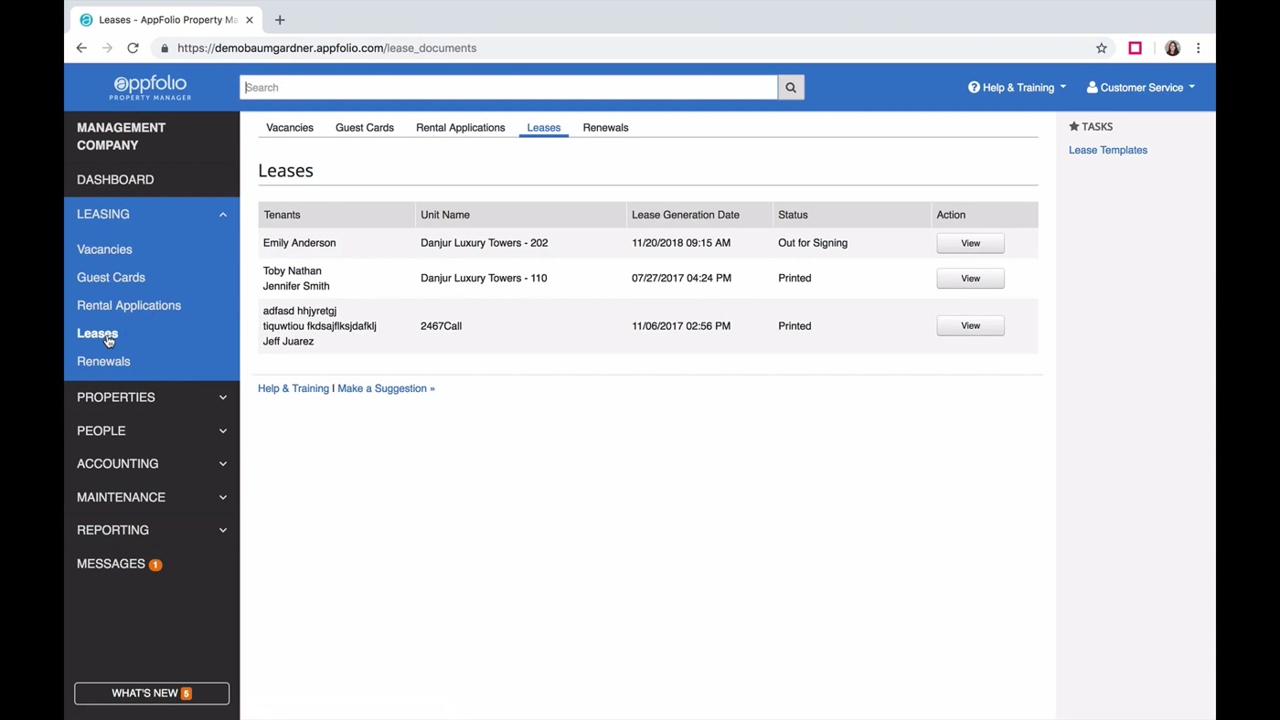 AppFolio leases screen listing tenants, units, lease generation dates, and status