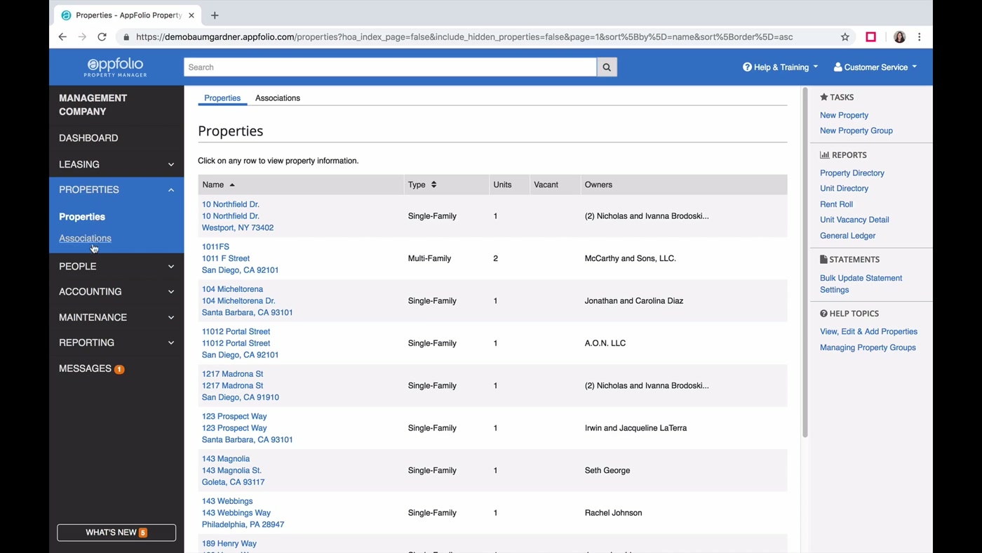 AppFolio properties list showing property type, units, vacancy, and owners