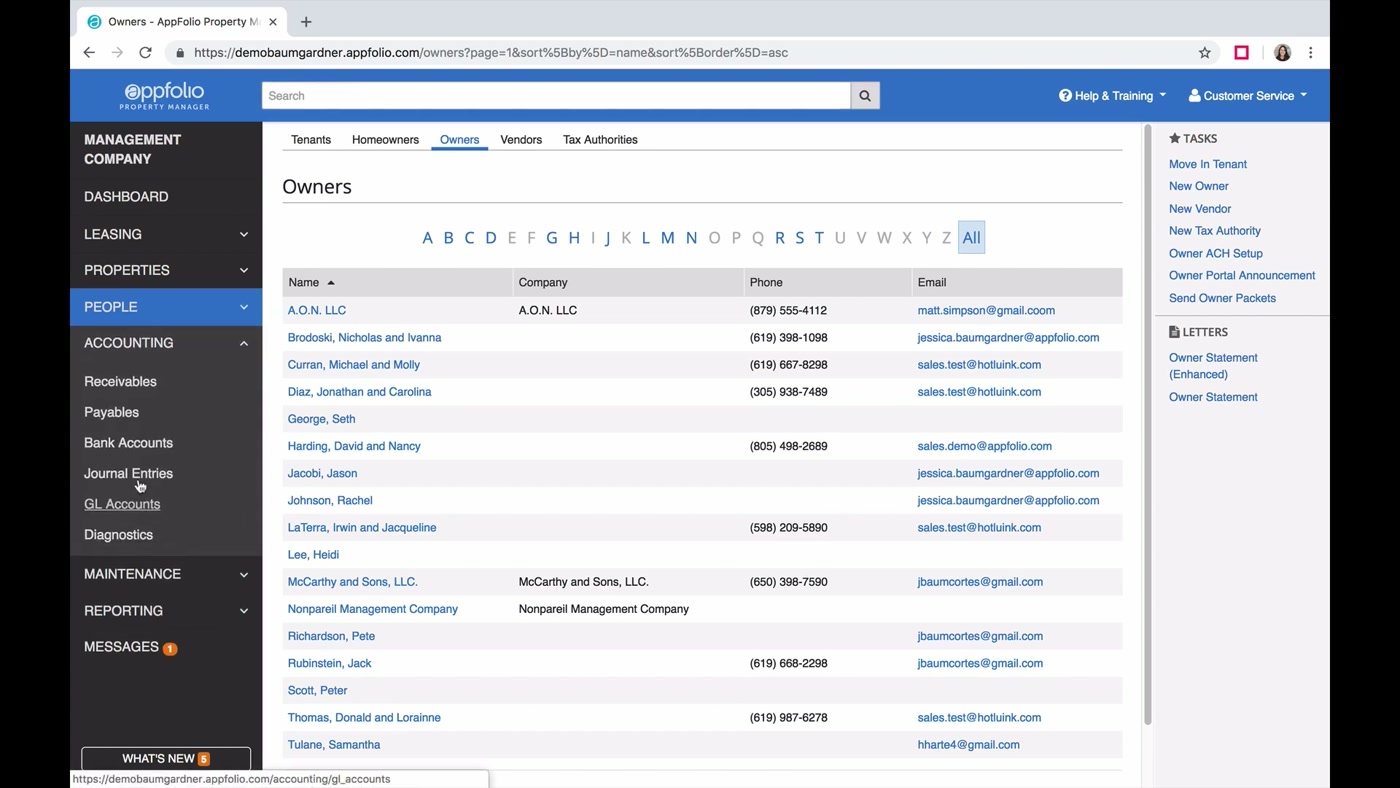 AppFolio owners directory listing owner names, companies, and contact details