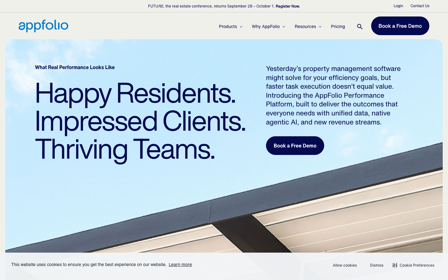 AppFolio property management homepage showing unified platform for residential, commercial and community portfolios