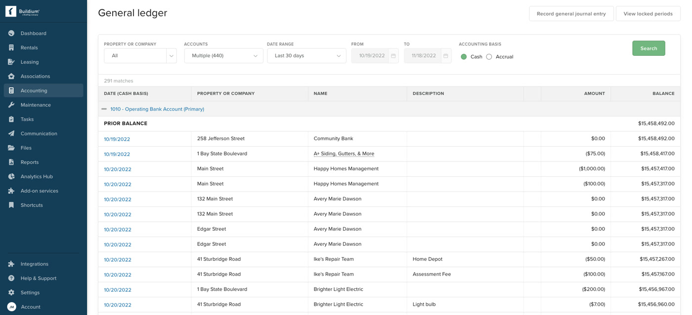 Buildium general ledger listing account transactions and running balances by property