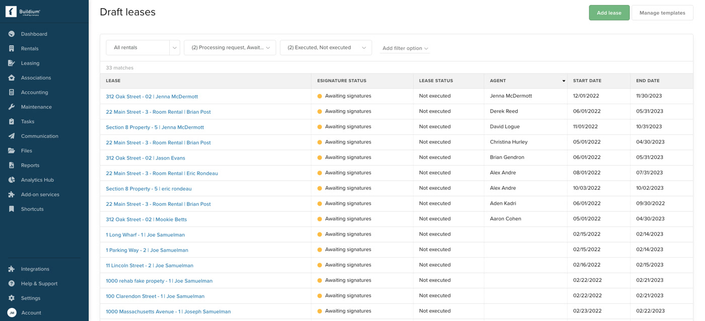 Buildium draft leases screen showing e-signature status and lease dates for each unit