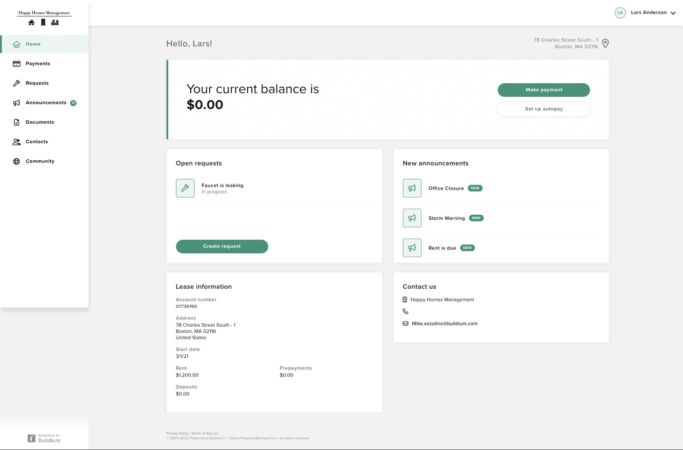 Buildium resident portal showing current balance, open requests, and lease information