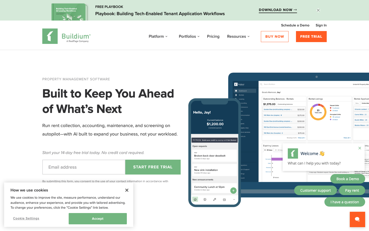 Buildium property management software homepage showing accounting, leasing and maintenance modules