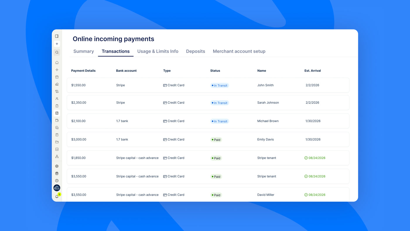DoorLoop online incoming payments showing transactions by bank account, type, and status