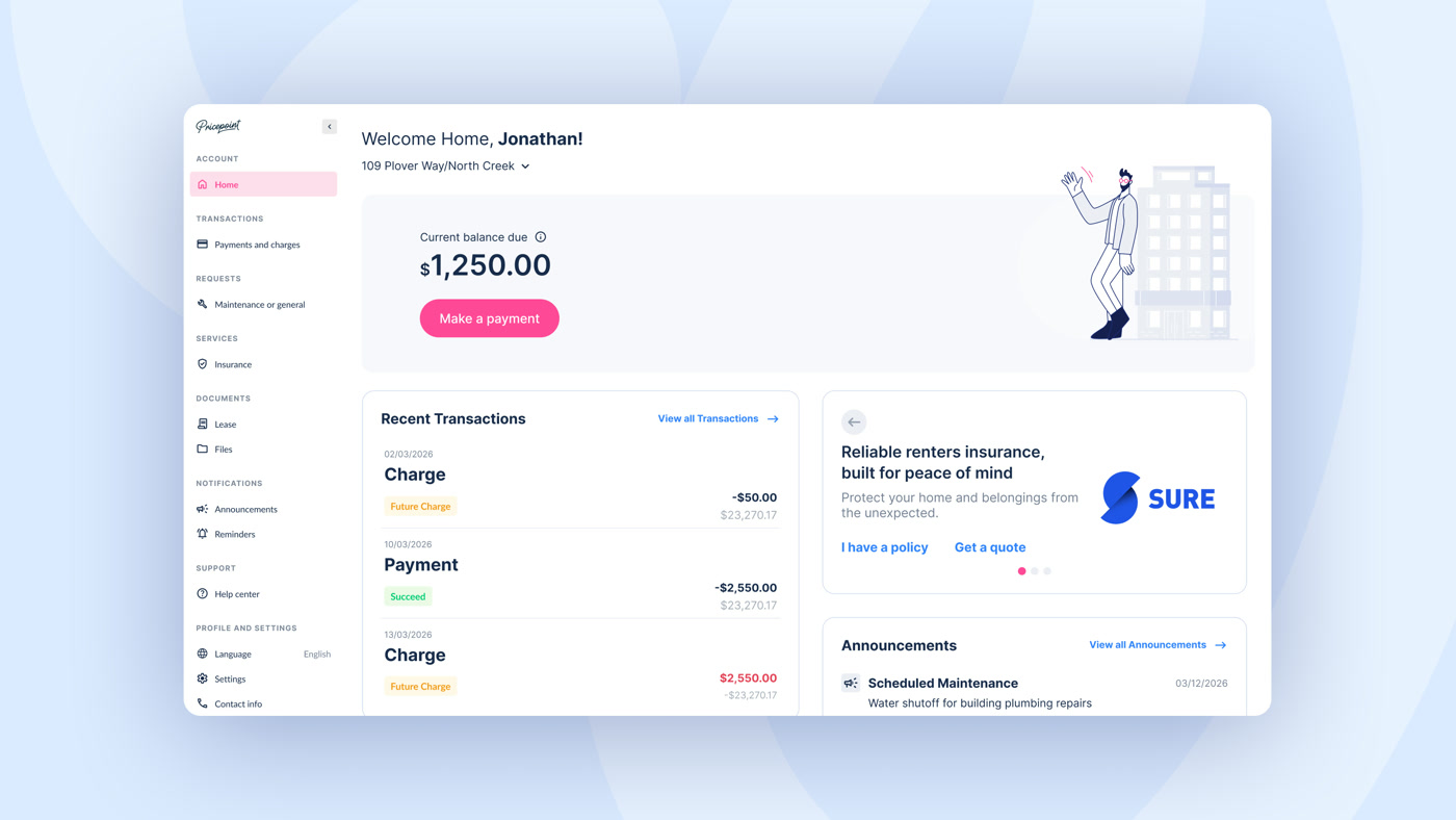 DoorLoop resident portal showing current balance due, recent transactions, and a make payment option