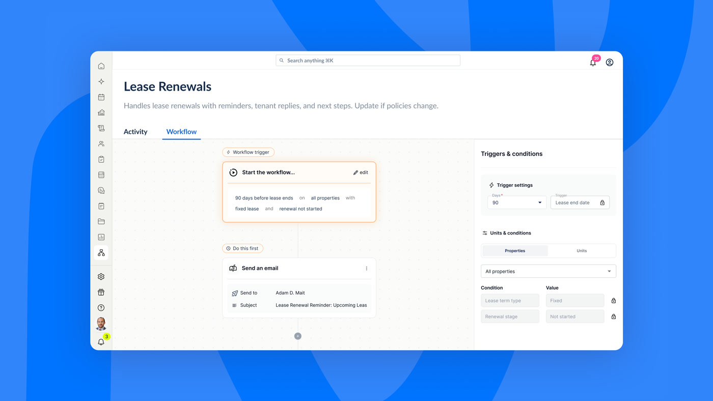 DoorLoop lease renewal automation builder with triggers, conditions, and email steps