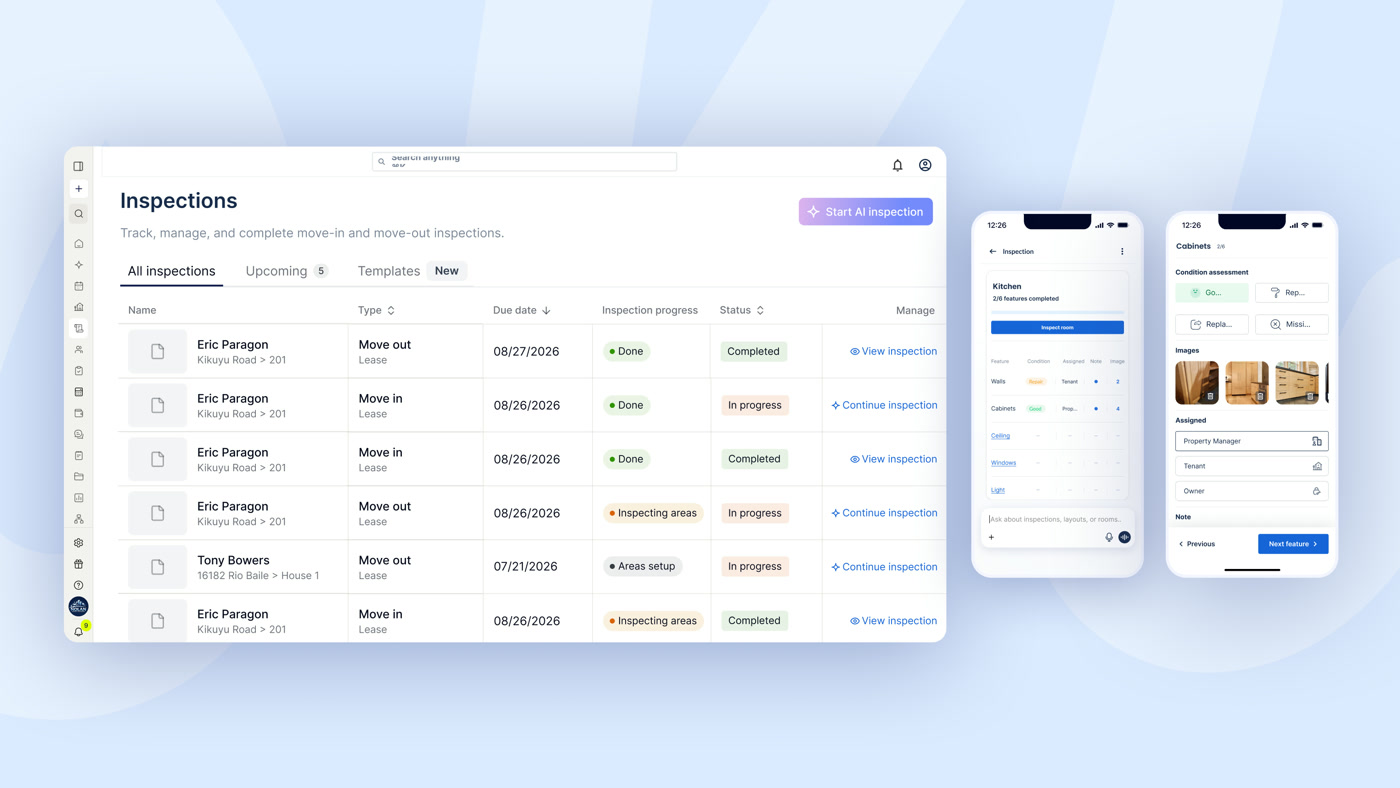 DoorLoop inspections list tracking move-in and move-out inspections with progress and status
