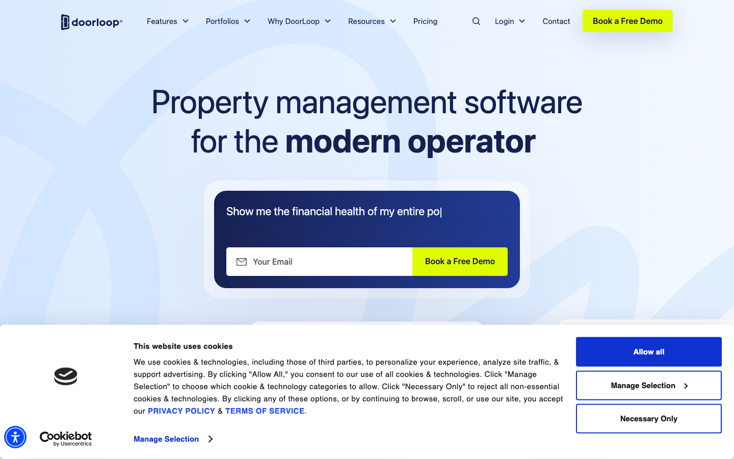 DoorLoop property management software homepage showing accounting and leasing dashboard preview