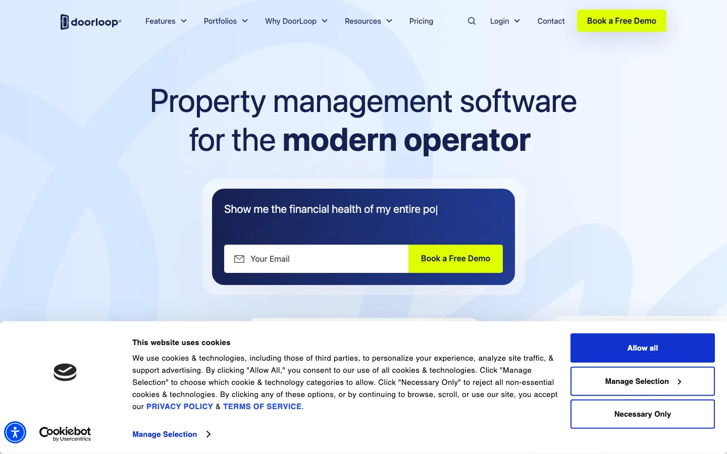 DoorLoop property management software homepage showing accounting and leasing dashboard preview