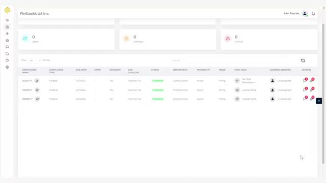 Finstackk compliance filing detail screen showing a Form 5472 line item with a comment thread