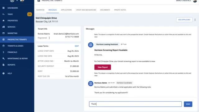 Hemlane request money screen showing a one-time rent request with partial payment and credit card fee options