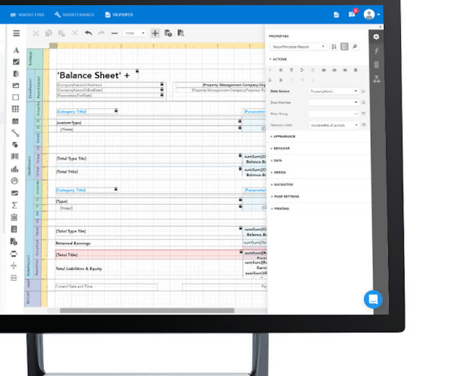 Property Matrix report builder showing a customizable Balance Sheet template with data source and formatting panels