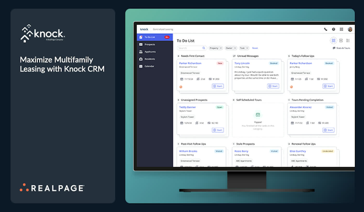 Knock CRM, a RealPage company, to-do list dashboard showing unread messages, unassigned prospects, and self-scheduled tours