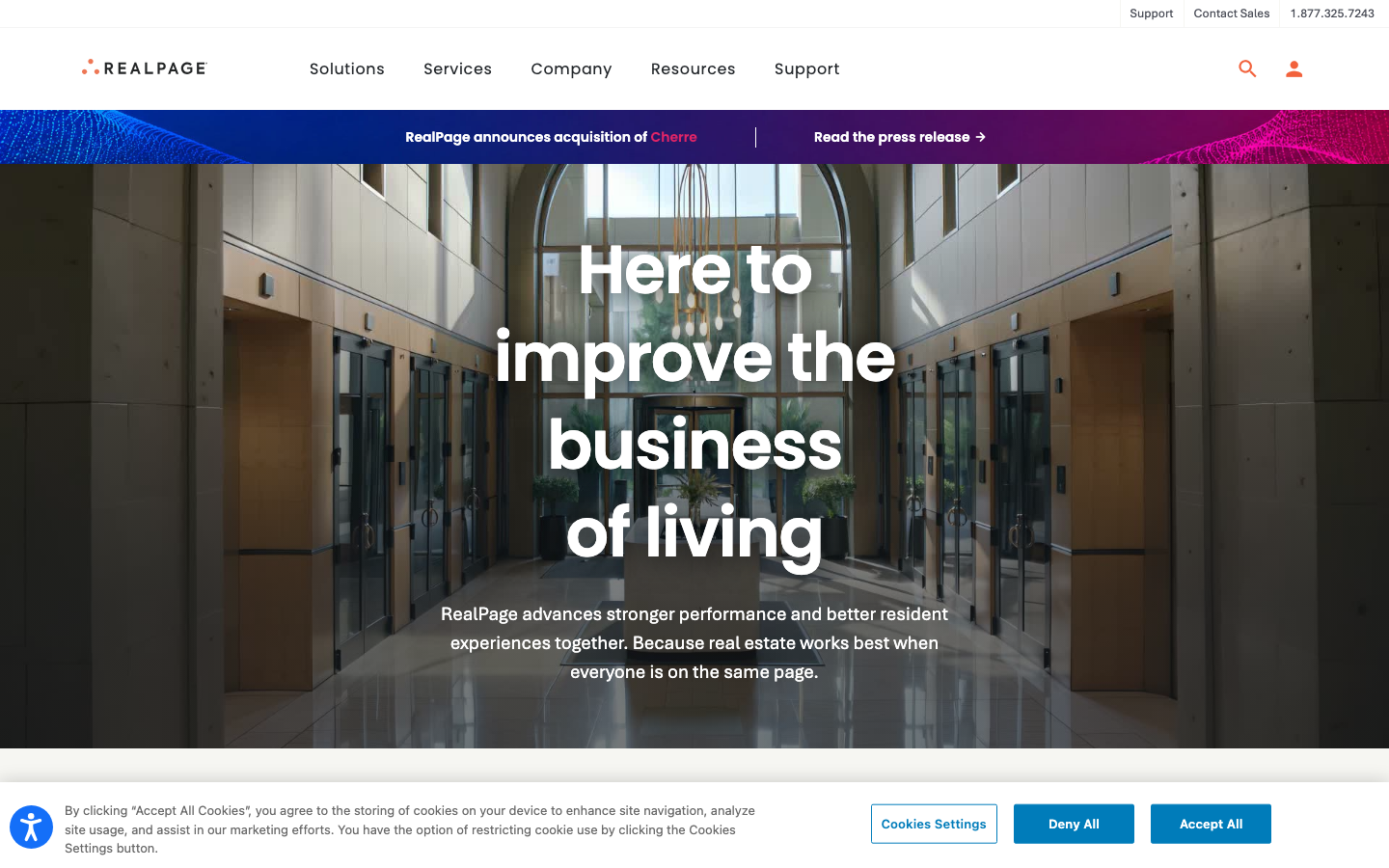 RealPage homepage showing enterprise property management and accounting solutions for multifamily operators