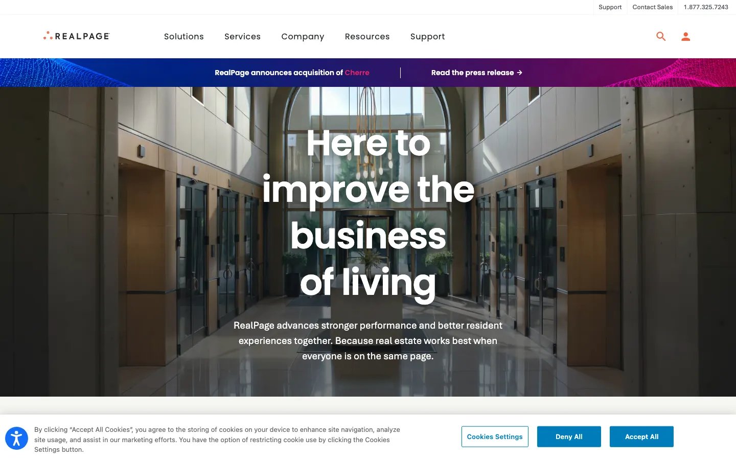 RealPage homepage showing enterprise property management and accounting solutions for multifamily operators