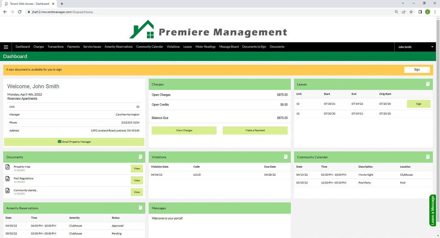 Rent Manager resident web portal showing charges, balance due, leases, and documents
